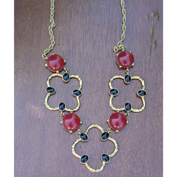 VTG Art Deco Coloured Black Red Beads Gold Tone Clover Statement Necklace Rare - Picture 8 of 12